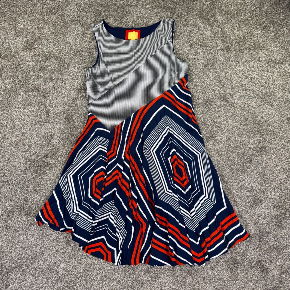 Maeve Anthropologie Dress Large Navy Blue Orange Geometric Striped Mixed Print